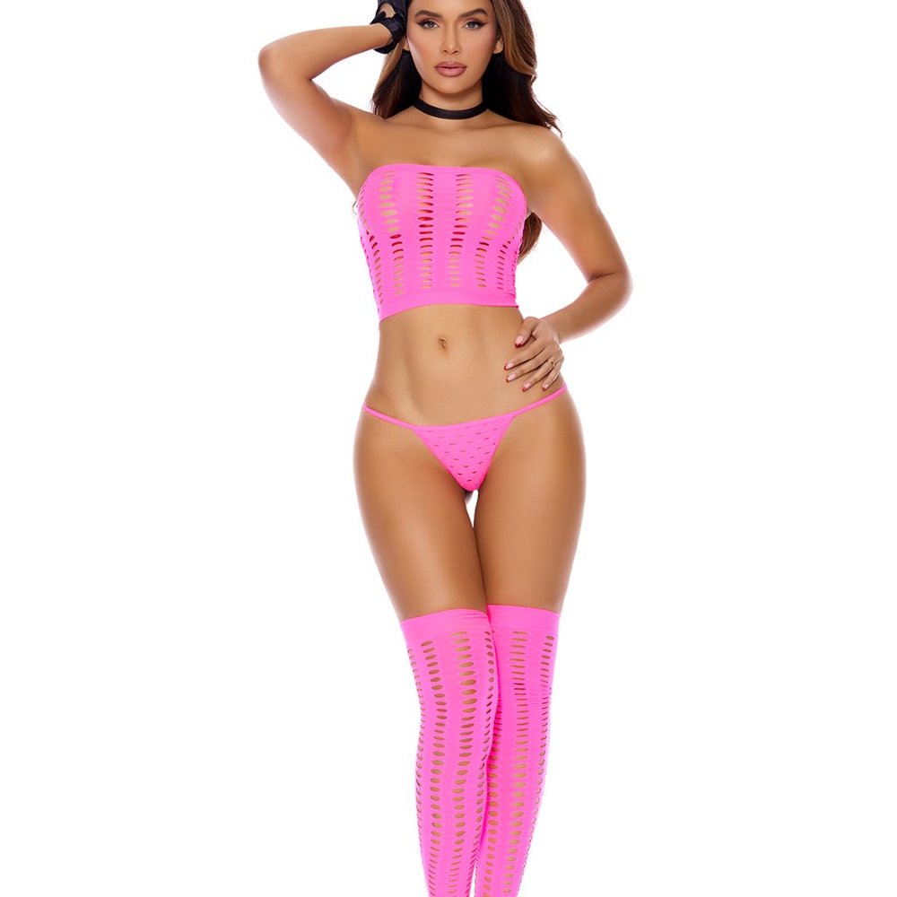 Neon Pink pothole bandeau top, g-string and matching stockings